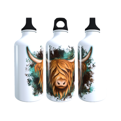 Gourde en aluminium 500 ml  couleur blanche motif vache Highland fond vert Sweet Heidi's Store