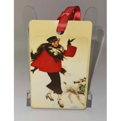 Décoration de sapin Rectangle motif Noël fille pinup rétro 5 en MDF réalisée artisanalement