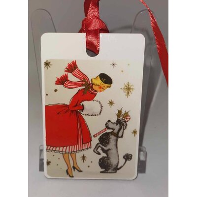 Décoration de sapin Rectangle motif Noël fille pinup rétro 6 en MDF réalisée artisanalement
