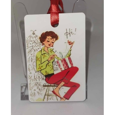Décoration de sapin Rectangle motif Noël fille pinup rétro 8 en MDF réalisée artisanalement