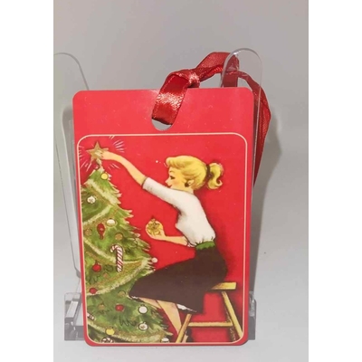 Décoration de sapin Rectangle motif Noël fille pinup rétro 21 en MDF réalisée artisanalement