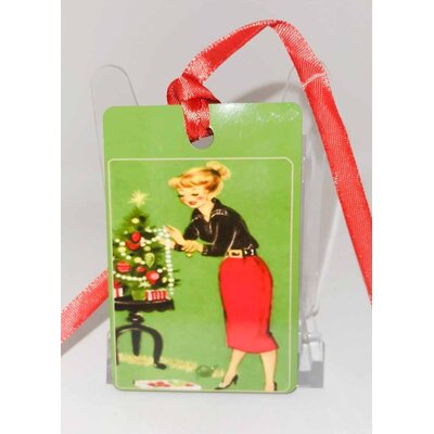 Décoration de sapin Rectangle motif Noël fille pinup rétro 26 en MDF réalisée artisanalement
