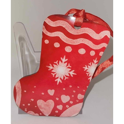 Décoration de sapin forme de botte motif Noël flocon rouge en MDF réalisée artisanalement