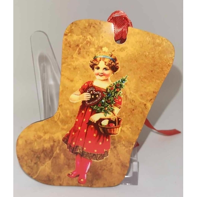 Décoration de sapin forme de botte motif Noël rétro vintage 7 en MDF réalisée artisanalement