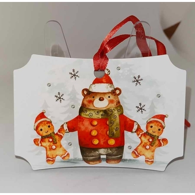 Décoration de sapin forme de rectangle coins arro,dis motif Noël nounours avec pain d'épices en MDF réalisée artisanalement