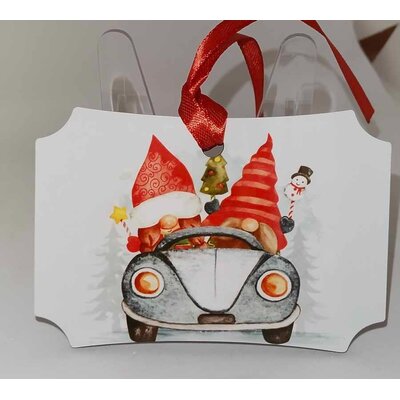 Décoration de sapin forme de rectangle coins arrondis motif Noël gnomes dans voiture 2 en MDF réalisée artisanalement