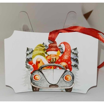 Décoration de sapin forme de rectangle coins arrondis motif Noël gnomes dans voiture 1 en MDF réalisée artisanalement