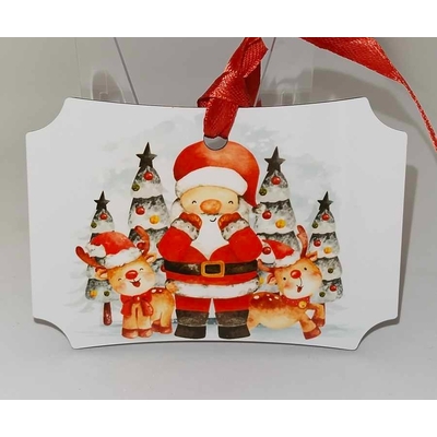 Décoration de sapin forme de rectangle coins arrondis motif Noël Père Noël avec rennes en MDF réalisée artisanalement