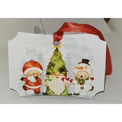 Décoration de sapin forme de rectangle coins arrondis motif Noël Gnomes déguisés en MDF réalisée artisanalement