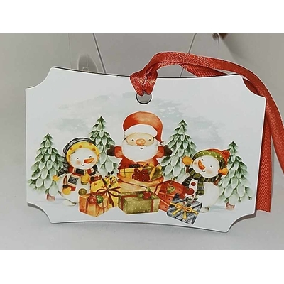 Décoration de sapin forme de rectangle coins arrondis motif Noël Père Noël avec bonhommes de neige en MDF réalisée artisanalement