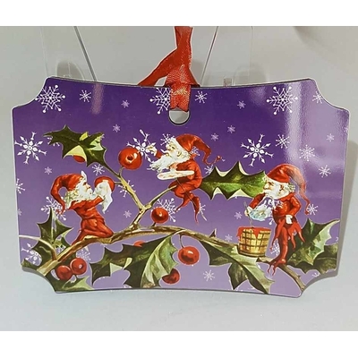 Décoration de sapin forme de rectangle coins arrondis motif Noël lutins de le houx en MDF réalisée artisanalement