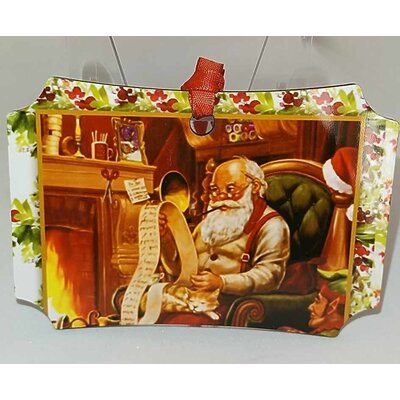 Décoration de sapin forme de rectangle coins arrondis motif Noël vintage Père Noël devant cheminée en MDF réalisée artisanalement