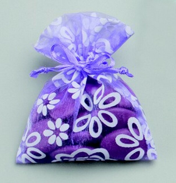 Lot de 6 bourses en organza avec motifs fleurs pour dragées ou emballage couleurs lilas