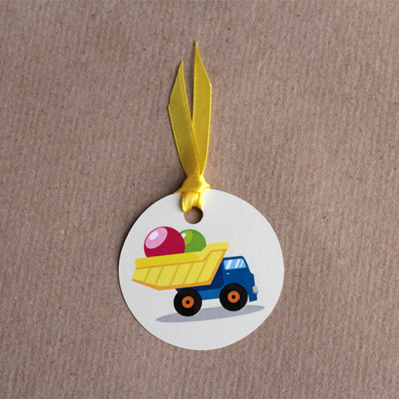 étiquettes ronde pour boîtes à dragées thème Camion avec ballons