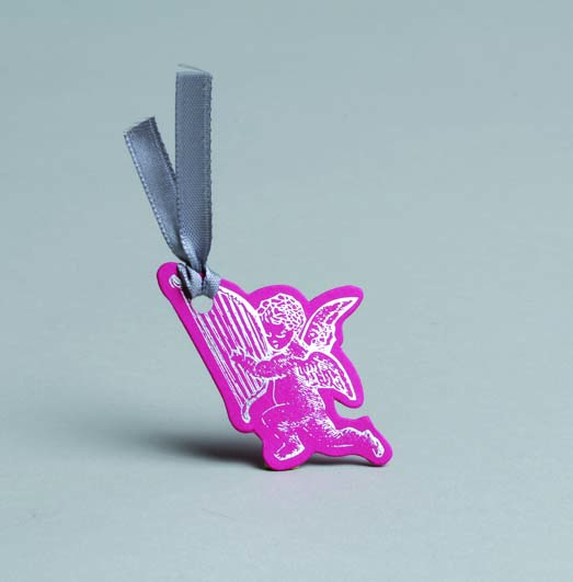 Lot de 12 étiquettes Forme ange fuchsia pour boîtes à dragées sans ruban