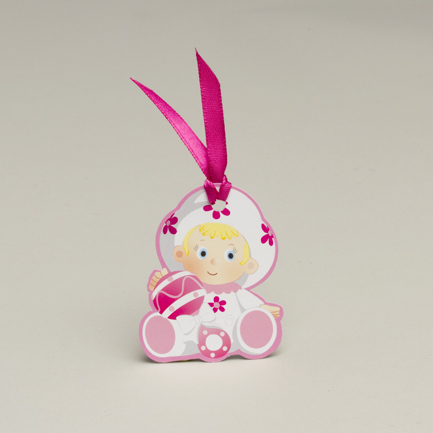 Lot de 12 étiquettes Forme bébé fuchsia pour boîtes à dragées sans ruban