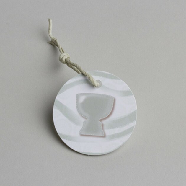 Lot de 12 étiquettes Forme ronde calice gris vert communion pour boîtes à dragées sans ruban