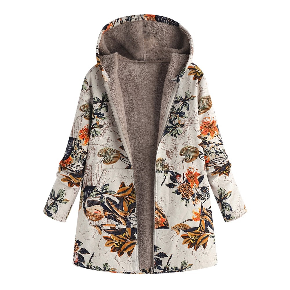 Manteau femme retro grande taille imprime Floral a capuche avec poches