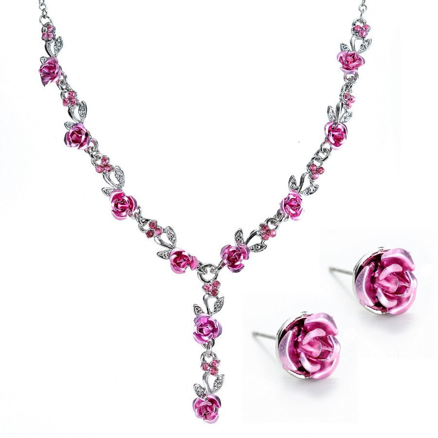 Rose-fleur-collier-mariage-strass-mode-collier-boucles-d-oreilles-ensembles-mariage-mari-e-bijoux-ensemble