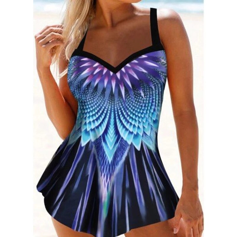 Plume-imprim-Tankini-maillots-de-bain-mosa-que-grande-taille-deux-pi-ces-Push-Up-maillot