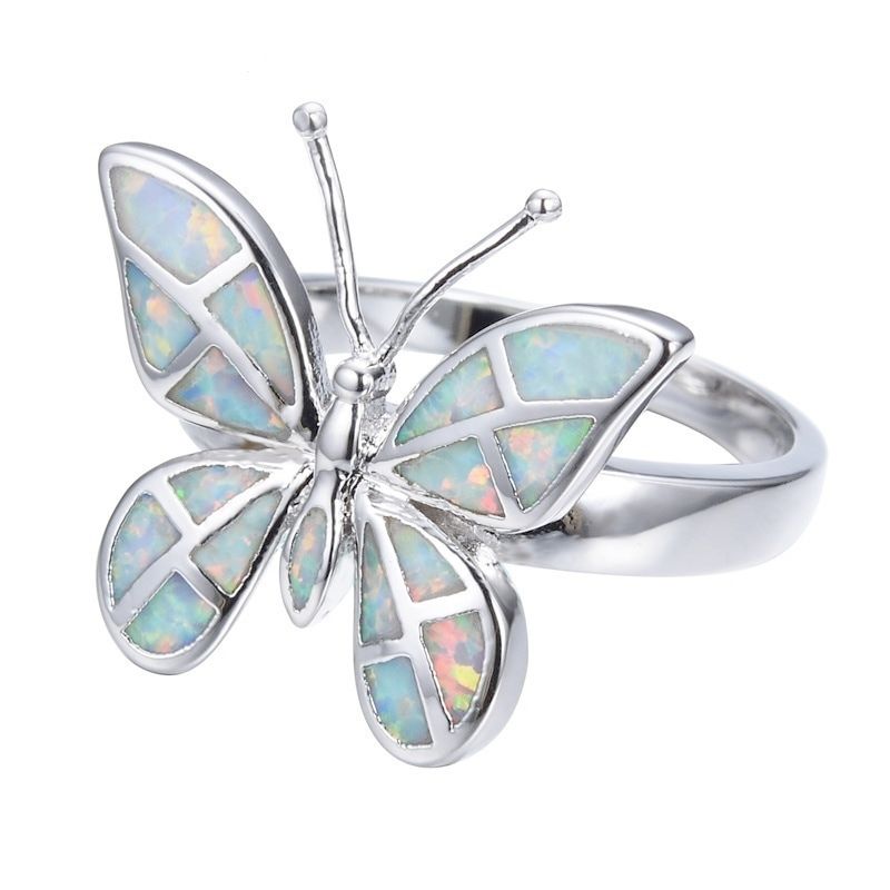 bague papillon email opale de feu blanc