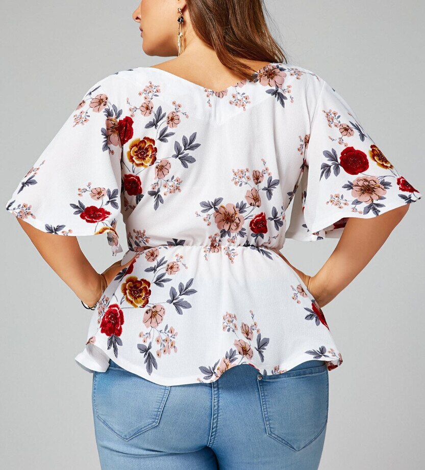 t-femmes-Blouse-grande-taille-Sexy-col-en-V-imprim-fleuri-manches-vas-es-ceinture