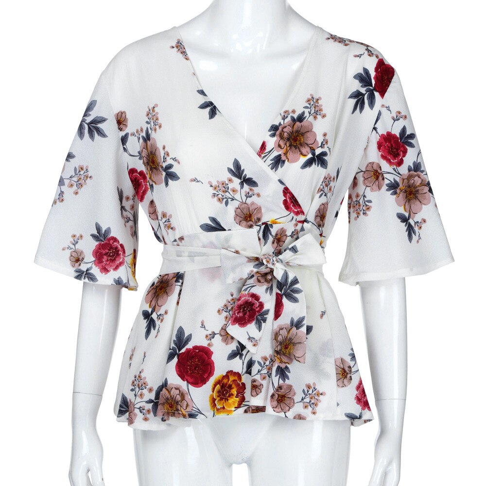 t-femmes-Blouse-grande-taille-Sexy-col-en-V-imprim-fleuri-manches-vas-es-ceinture