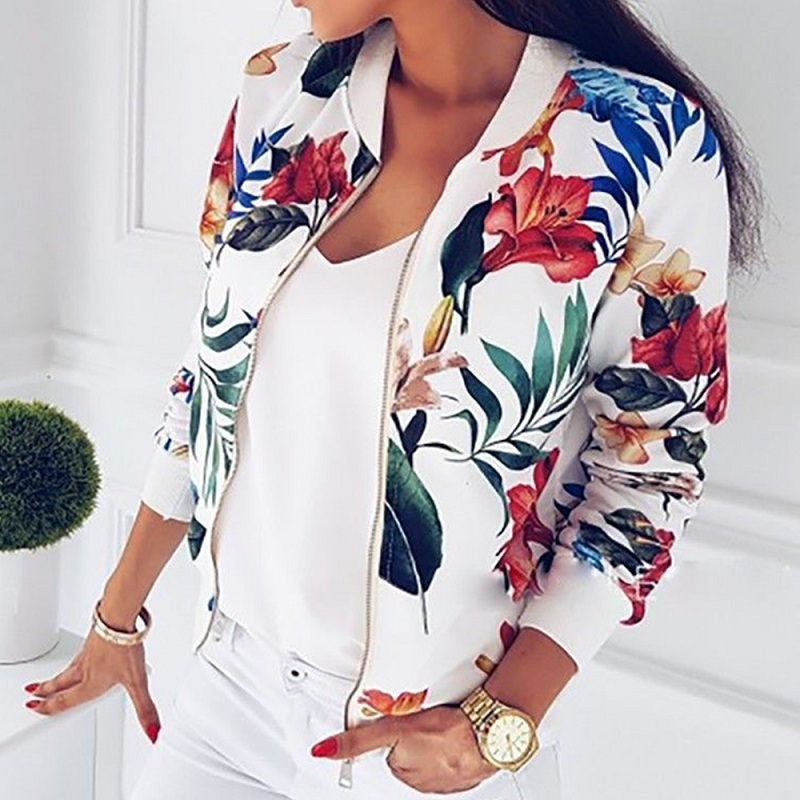 Blouson-imprim-Floral-pour-femme-manches-longues-fermeture-clair-poche-d-contract-e-Slim-grande-taille