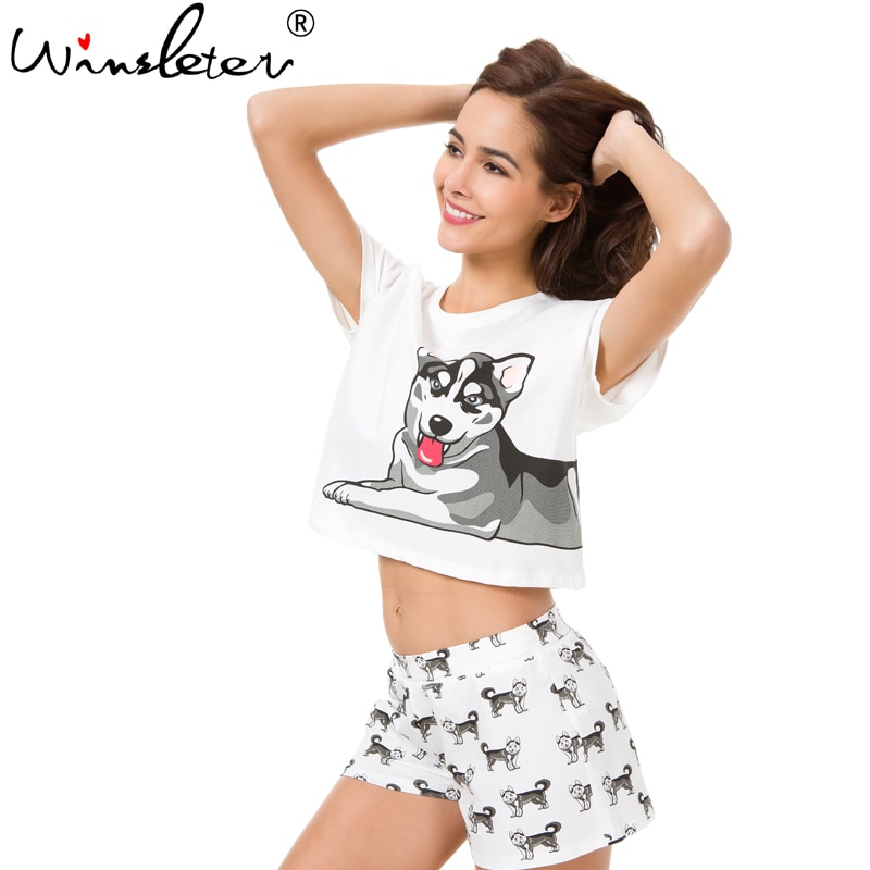 Chien-Imprimer-Femmes-Pyjamas-Husky-D-impression-Blanc-L-che-Top-Taille-lastique-Shorts-2-pi