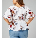 t-femmes-Blouse-grande-taille-Sexy-col-en-V-imprim-fleuri-manches-vas-es-ceinture