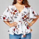 t-femmes-Blouse-grande-taille-Sexy-col-en-V-imprim-fleuri-manches-vas-es-ceinture