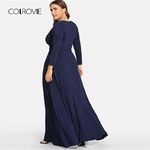 COLROVIE-Plus-La-Taille-Marine-Solide-Col-En-V-Profond-Parti-Robe-Femmes-2018-Automne-Manches