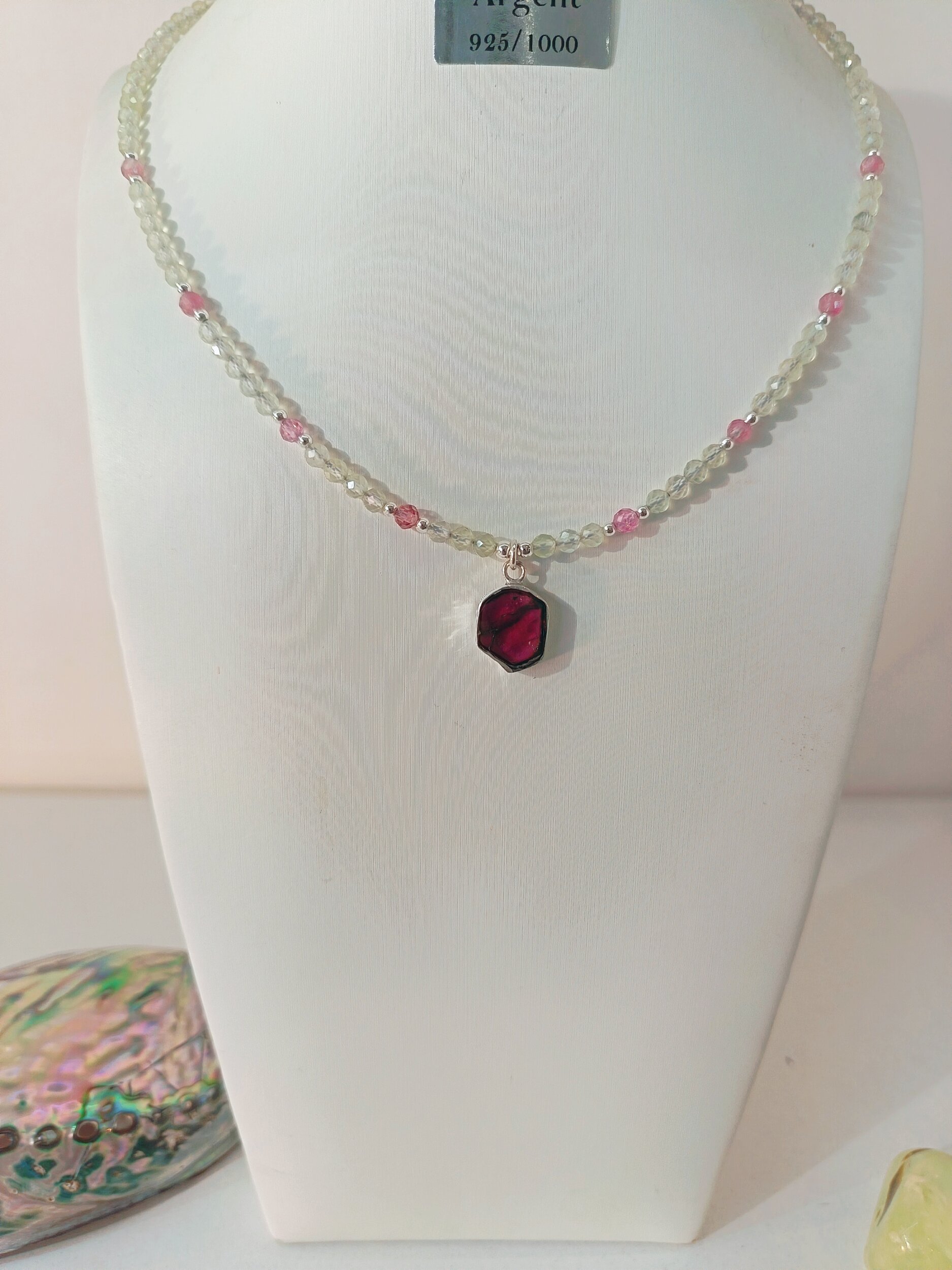 Collier tourmaline melon d'eau et préhnite