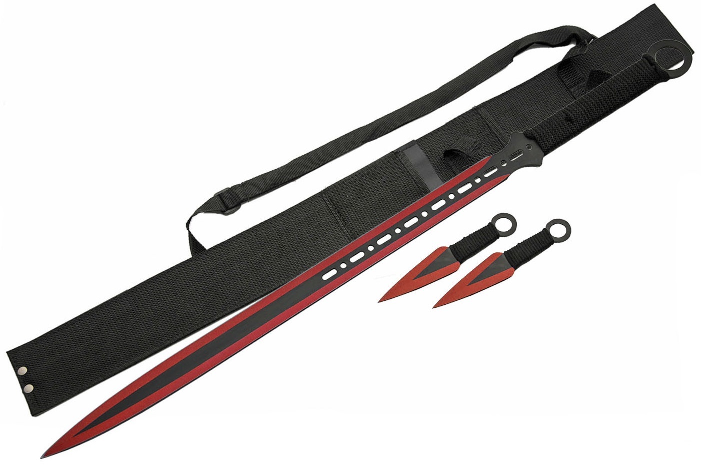 Katana ninja rouge 71cm et 2 kunaïs - épée full tang