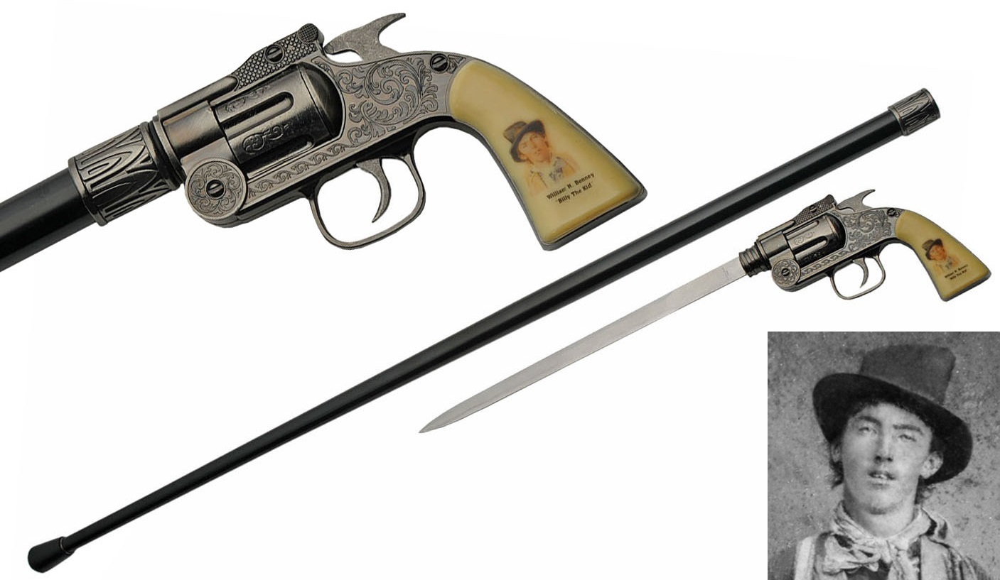 Canne épée BILLY THE KID revolver 93,5cm de marche