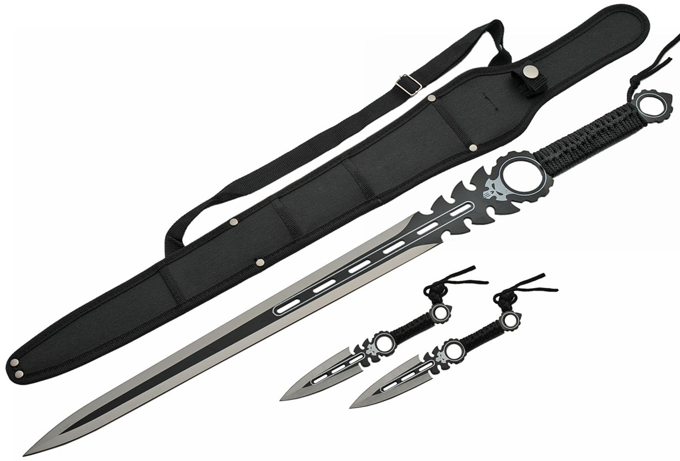 Lot Katana ninja 66cm et 2 kunaïs 16cm - épée full tang