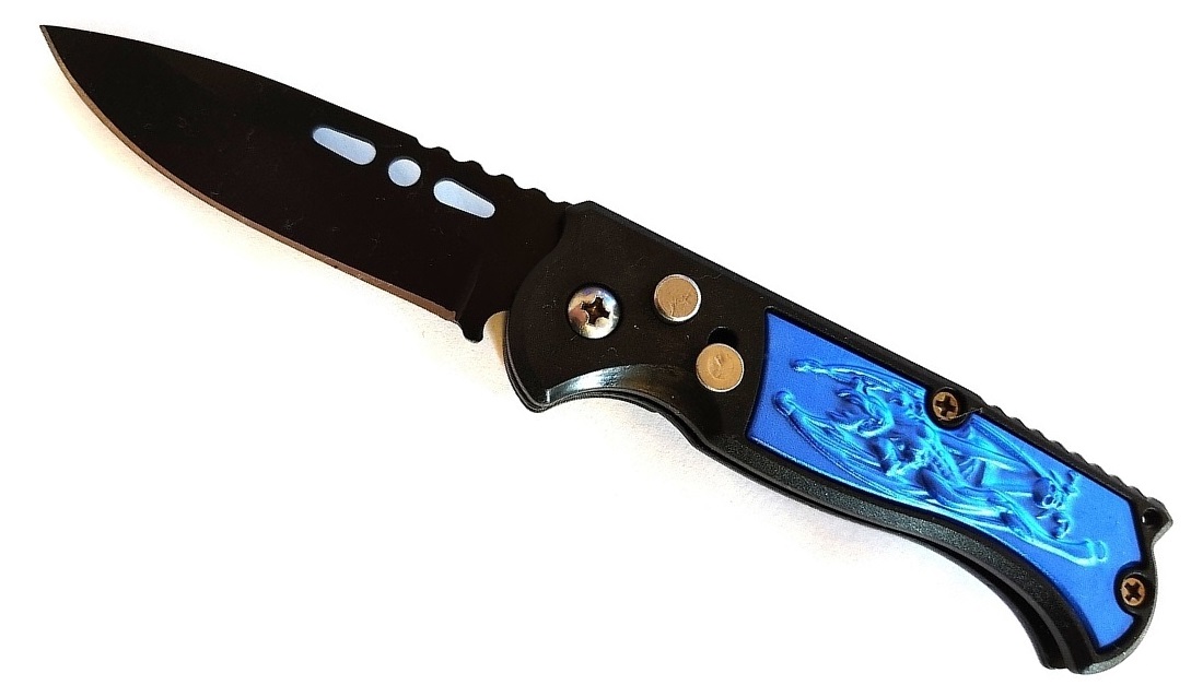 Couteau automatique 15,8cm cran d'arrêt compact bleu.