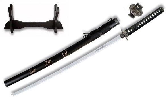 Katana tranchant 99cm samouraï japonais + socle bois