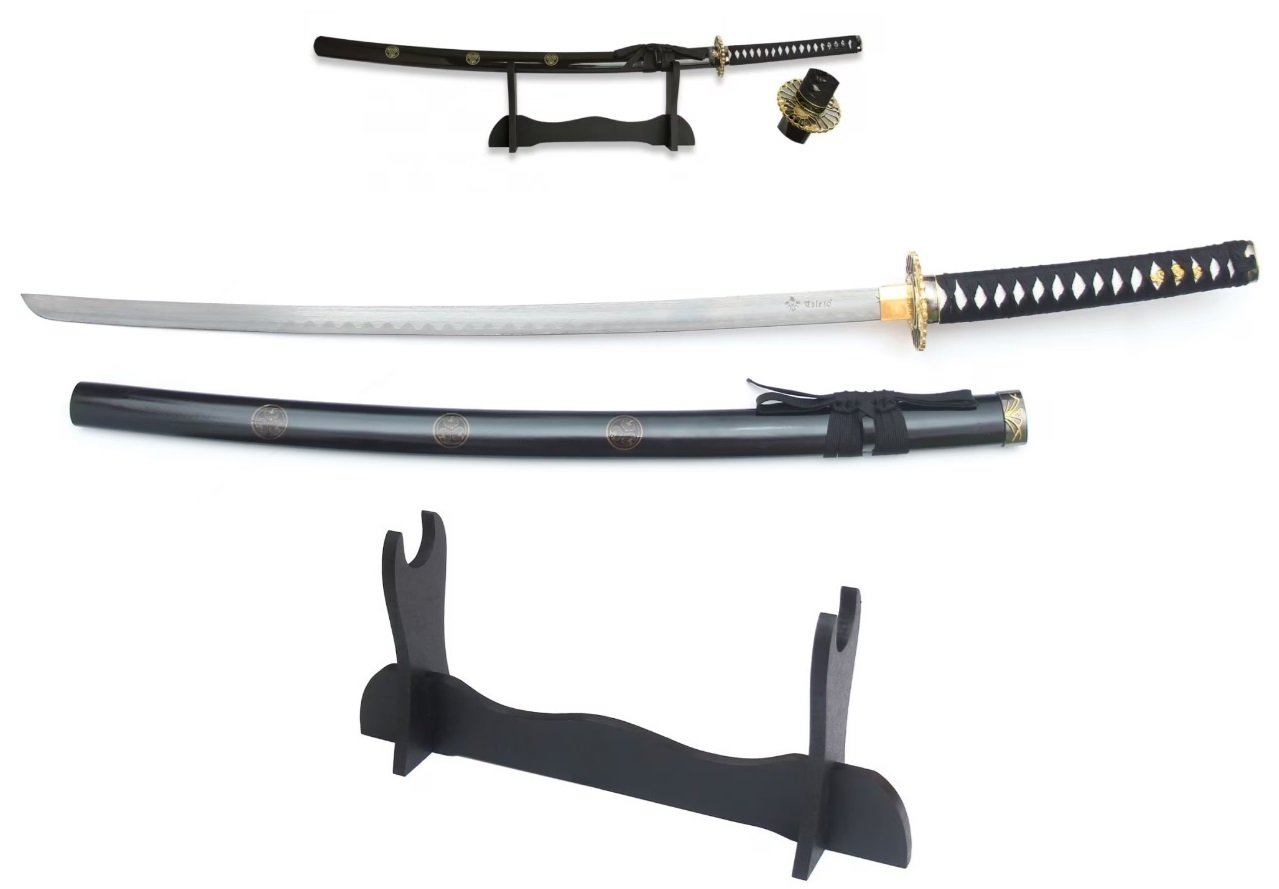 Katana tranchant arme 97cm laiton + socle bois