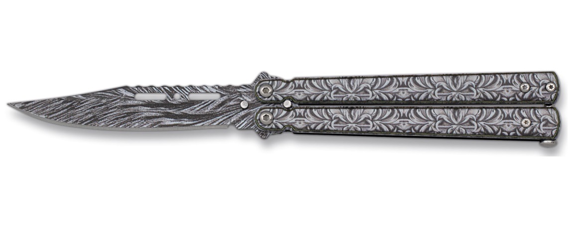 Couteau papillon balisong 21cm design gris.