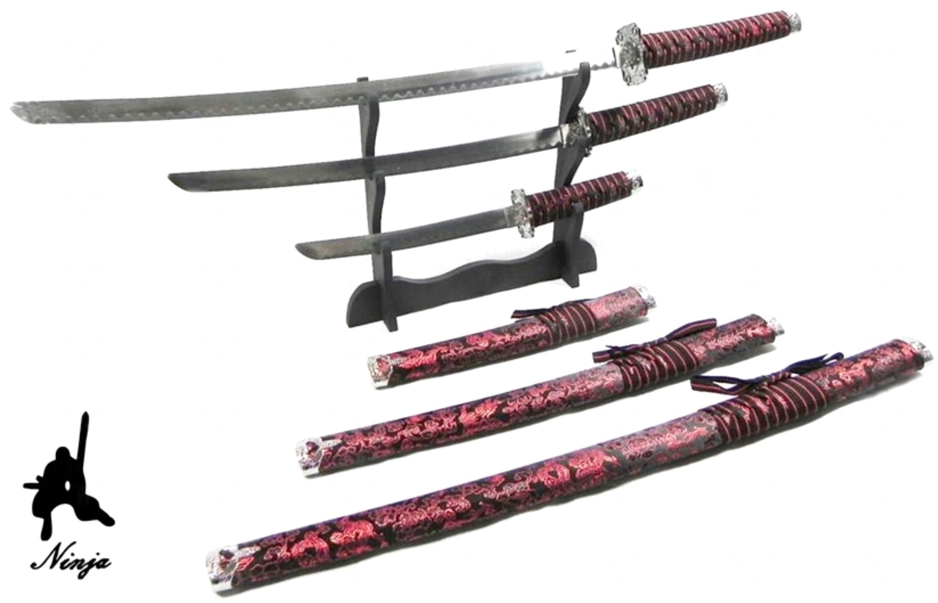 Ensemble katana 100cm + wakizashi + tantô + support