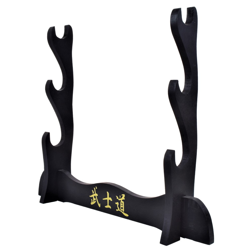Support socle en bois pour 3 katanas