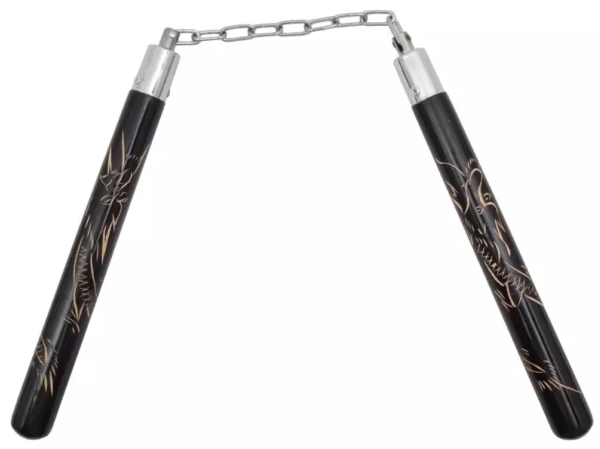 Nunchaku design gravé Dragon en bois