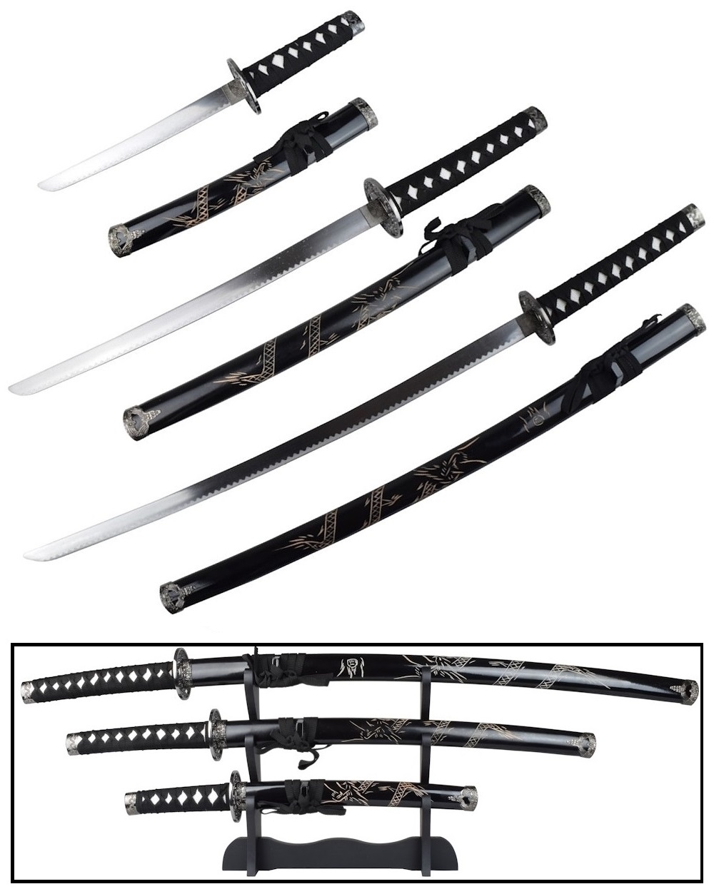 Lot 3 katanas dragon + socle - Katana sabre japonais