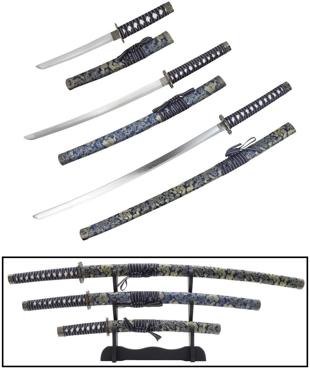 Lot 3 katanas design sabre japonais + socle Katana bleu