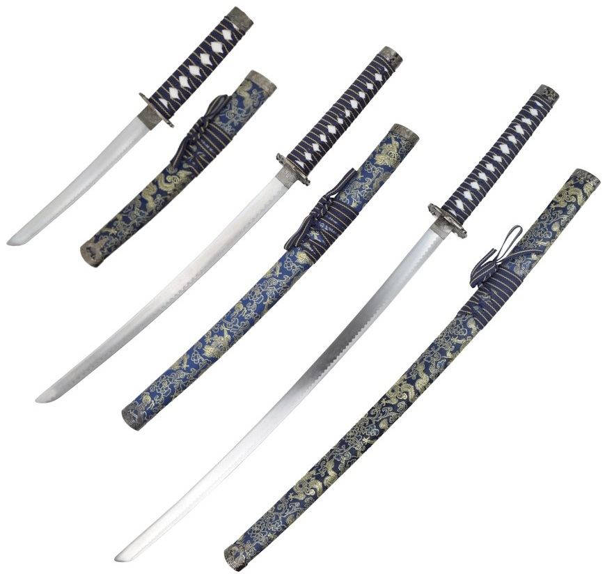 Lot 3 katanas sabre japonais + socle Katana bleu