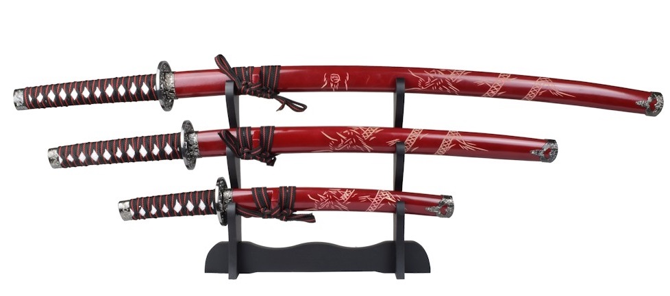 Lot 3 katanas dragon sabre japonais + socle Katana rouge2