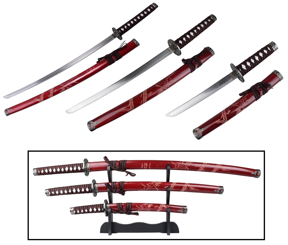 Lot 3 katanas dragon sabre japonais + socle Katana rouge