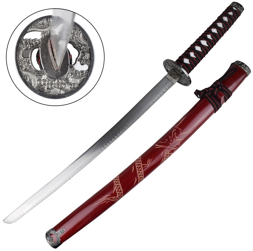 3 katanas dragon sabre japonais + socle Katana rouge2
