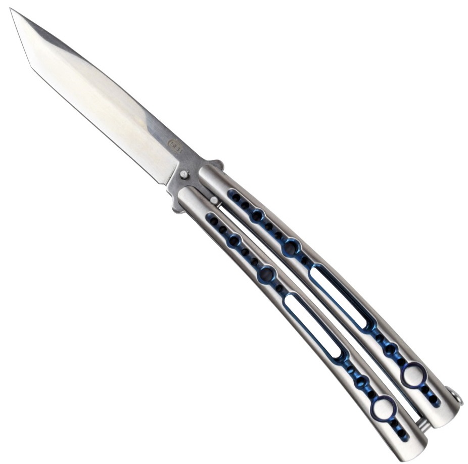 Couteau papillon balisong 23,5cm métal reflet bleu